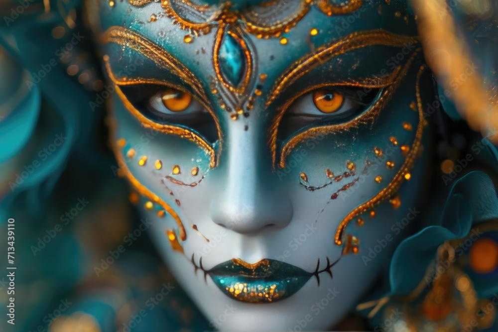 Colorful masks and costumes at traditional Carnival in Venice. Beautiful woman in mysterious mask. Venetian carnival. Mardi Gras, masquerade party or holiday event Colorful masks and costumes at traditional Carnival in Venice. Beautiful woman in mysterious mask. Venetian carnival. Mardi Gras, masquerade party or holiday event