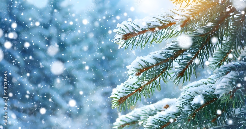 Snow fall in winter forest. Christmas new year magic. Blue spruce fir tree