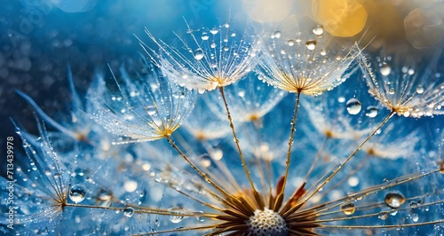 dandelion seed macro. Beautiful blue background. Large golden dew 
