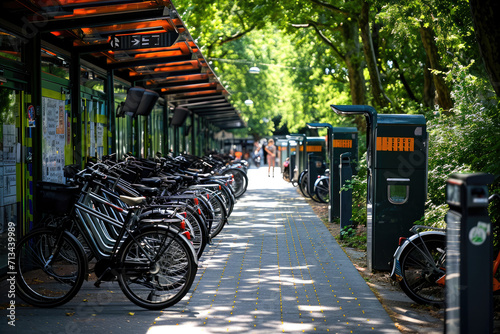 Imagen de bicicletas eléctricas aparcadas junto a una estación de carga solar, energía sostenible, energía eólica photo