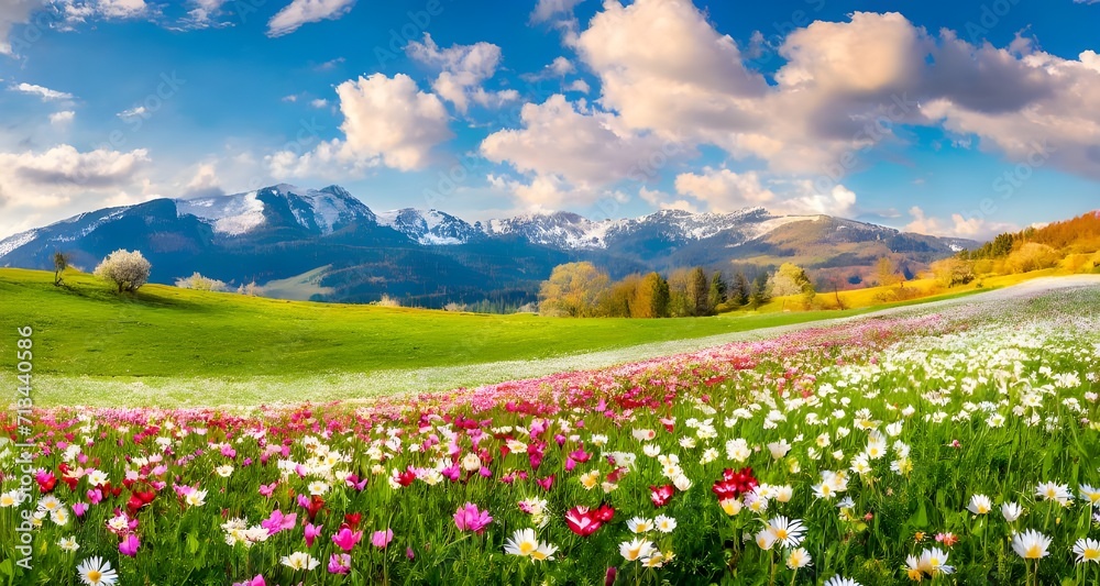 Fototapeta premium landscape panorama with flowering flowers on meadow