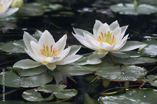 A serene glassmorphism pond adorned with transparent lilies  their petals glistening like crystals