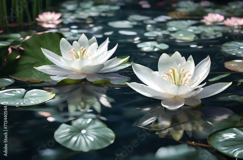 A serene glassmorphism pond adorned with transparent lilies  their petals glistening like crystals