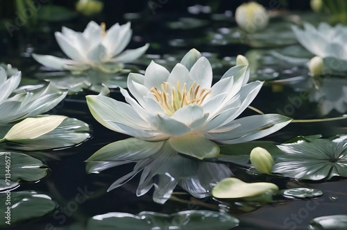 A serene glassmorphism pond adorned with transparent lilies, their petals glistening like crystals