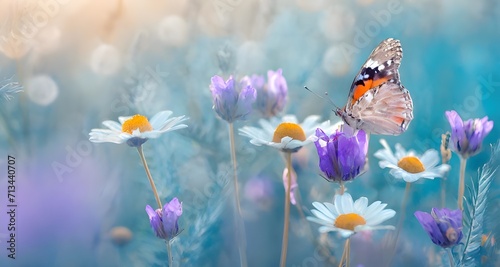 flowers chamomile, purple wild peas, butterfly in morning haze in nature closs © big bro