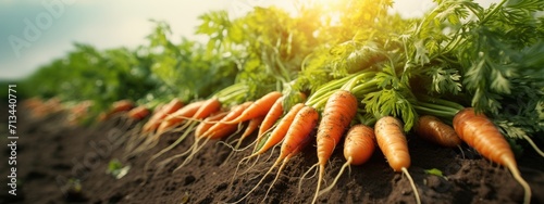 Close up carrots growing in field. Fresh vegetable plant of carrot photo