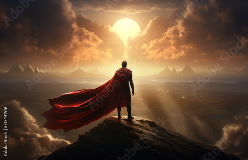 A man in a red cloak stands at the summit of the mountain, striving for success in business, generative AI photo