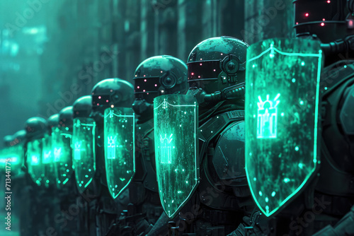 Personajes en un entorno digital protegido por escudos de seguridad, Seguridad digital, hakers, cyberseguridad

