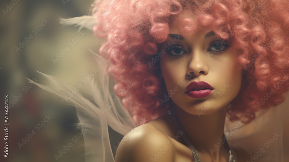 Photorealistic Adult Black Woman with Pink Curly Hair retro Illustration. Portrait of a person in vintage 1920s aesthetics. Historic movie style Ai Generated Horizontal Illustration.