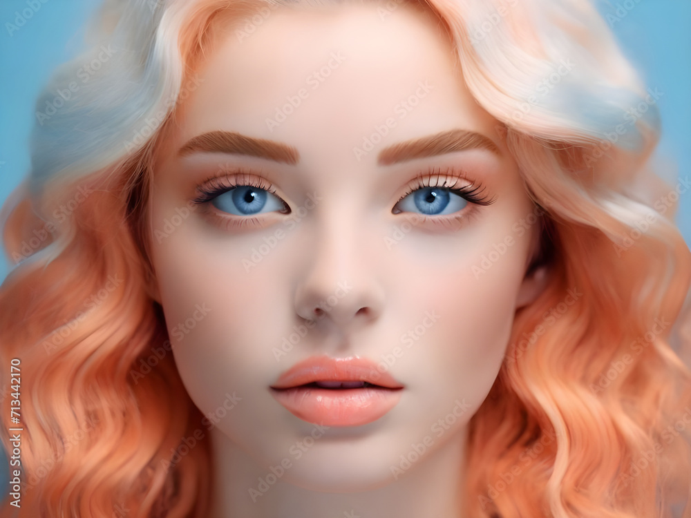 Portrait of a beautiful pink orange haired girl with long curly hair. Portrait of a beautiful pink orange haired girl with long curly hair.