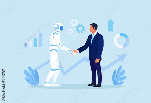 Handshake human and android. Contract with ai robot, technology professional partnership. Businessman and artificial intelligence shaking hands. Future cooperation, technology Advance, innovation