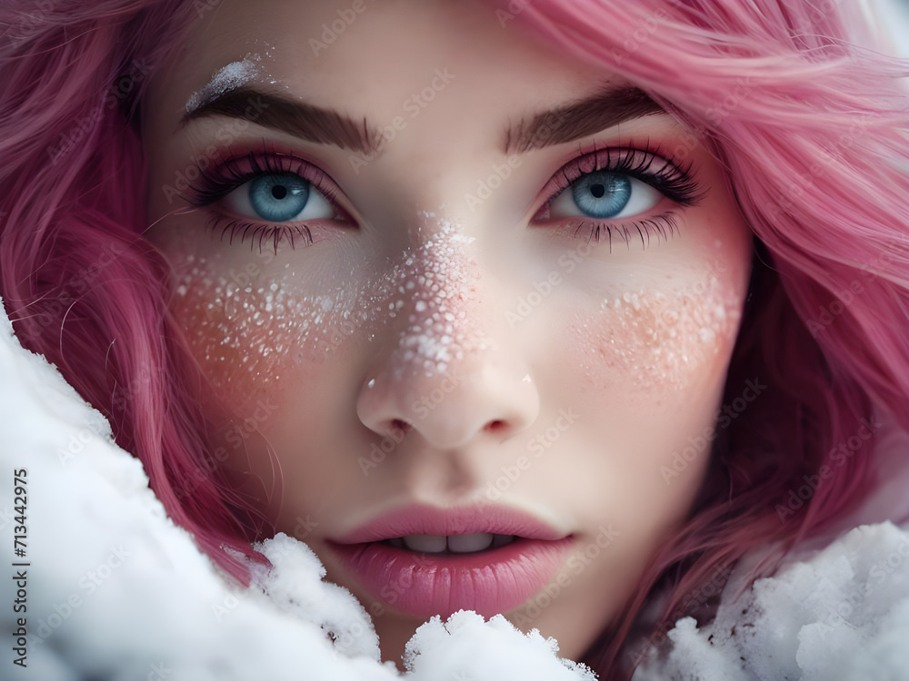 Close-up portrait of a woman with pink hair and snowflakes on her cheeks instead of freckles.