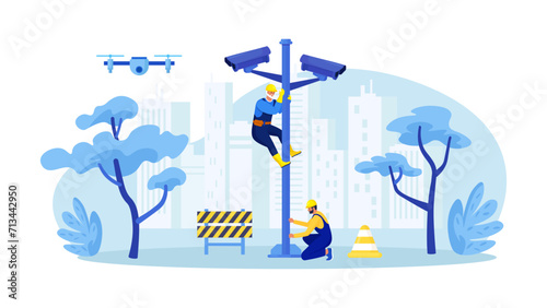 CCTV installation. Employees of company install camera on city street. Electrician repairing security cameras for surveillance. Video surveillance for protection