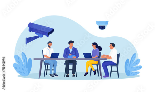 Corporate control. Personal security, face authentication. Video surveillance and CCTV cameras provide safety. Security camera takes pictures of office workers. Protection of workers