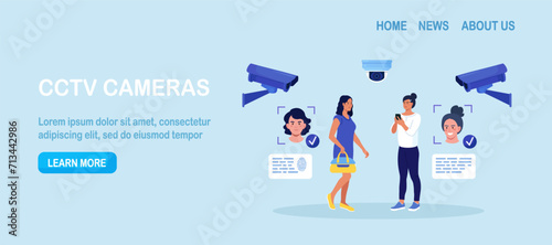 Security camera technology. Biometric facial recognition. Personal security control authentication. Video surveillance and CCTV cameras provide safety