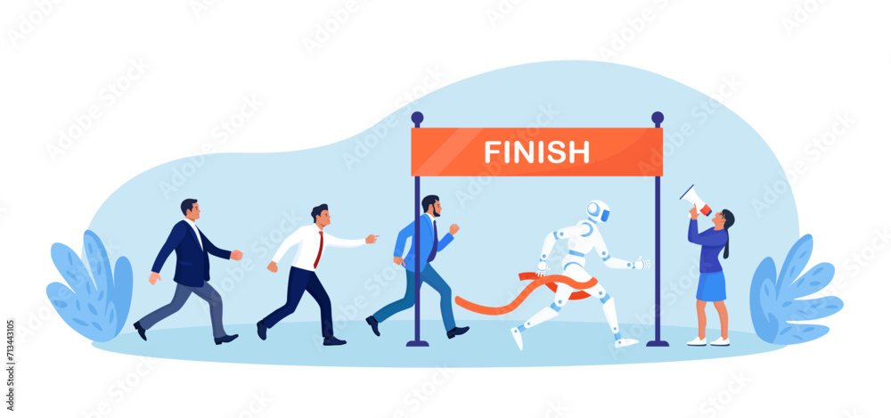 Ai robot vs man. Business competition. Robot employee competition with human. Artificial intelligence and people running competition together. Future automation. Robotic machine and worker Ai robot vs man. Business competition. Robot employee competition with human. Artificial intelligence and people running competition together. Future automation. Robotic machine and worker