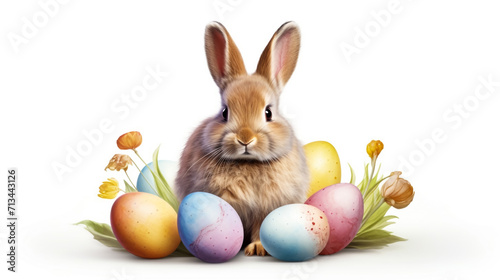 fluffy easter bunny  with decorated colourful eggs on white background, Generative AI © MohammadAizaz