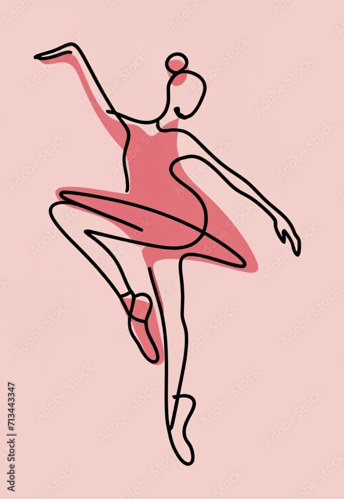 minimalist linear drawing of a ballet dancer pink dress and pink point shoes.
