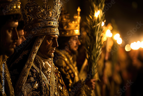 Semana Santa en España: Imágenes de cristos y Vírgenes, Procesiones religiosas con figuras tradicionales y vestimenta tradicional, semana santa de sevilla, Generado con IA photo