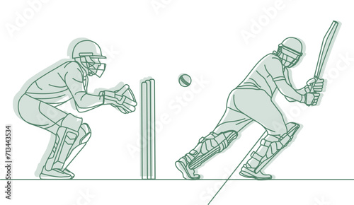 Cricket. Wicket keeper with Cricket batsman Line drawing Vector illustration. photo