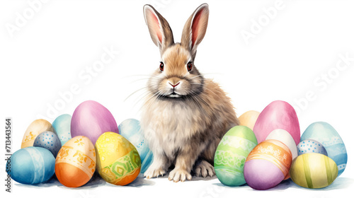 fluffy easter bunny  with decorated colourful eggs on white background, Generative AI © MohammadAizaz