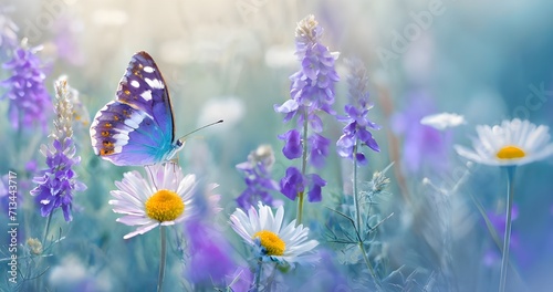 flowers chamomile, purple wild peas, butterfly in morning haze in nature clos