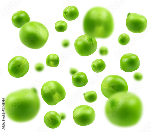 Flying green peas isolated on transparent background.
