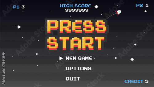 PRESS START INSERT A COIN TO CONTINUE .pixel art .8 bit game.retro game. for game assets in vector illustrations.Retro Futurism Sci-Fi Background. glowing neon grid.and stars from vintage arcade comp