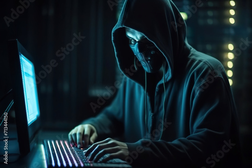 Futuristic style Hooded Hacker with mask using Laptop Break or Attack into Data server
