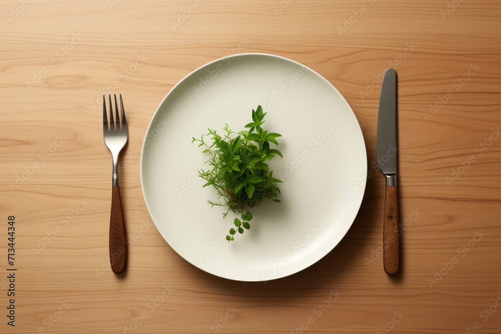 a white plate with a green plant on it next to a fork and knife on top of a wooden table. a white plate with a green plant on it next to a fork and knife on top of a wooden table.