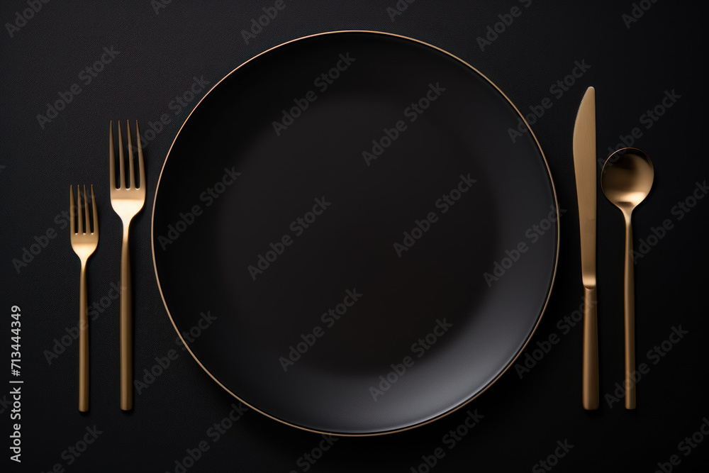 a plate with a knife, fork, and spoon on a black surface with a gold stripe around the edge. a plate with a knife, fork, and spoon on a black surface with a gold stripe around the edge.