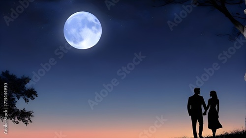 a man and a woman holding hands under a full moon, holding hands in the moonlight, romantic mood, romantic, romantic couple, romantic, illustration, very romantic, romantic atmosphere. Generative ai © Baxxtee