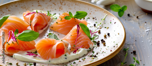 Elegant slices of smoked salmon are artfully presented with fresh herbs, a dash of spices, and creamy sauce on a speckled plate