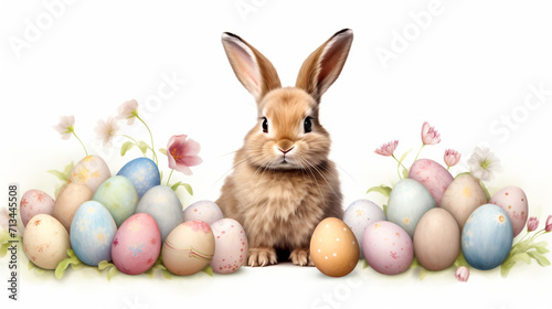 fluffy easter bunny  with decorated colourful eggs on white background, Generative AI
