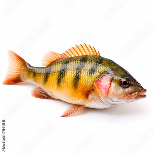 Predatory striped perch fish Perca fluviatilis isolated on white close-up