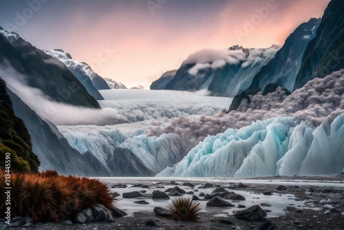 A surreal scene of Fox Glacier, veiled in mist, with the first light coloring the sky in pastel hues
