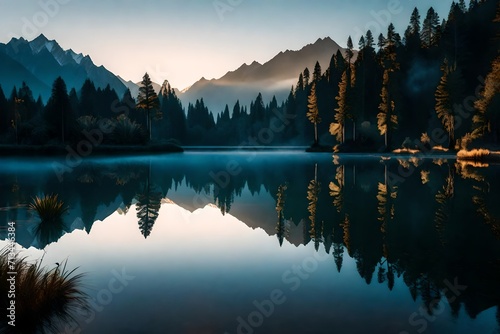 Lake Matheson in the early hours, its mirror-like surface reflecting the delicate colors of the sunrise, surrounded by mountains enveloped in a gentle morning haze.