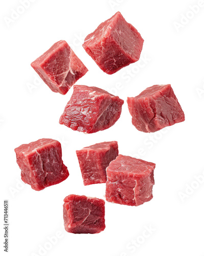 Falling meat beef cubes isolated on transparent or white background