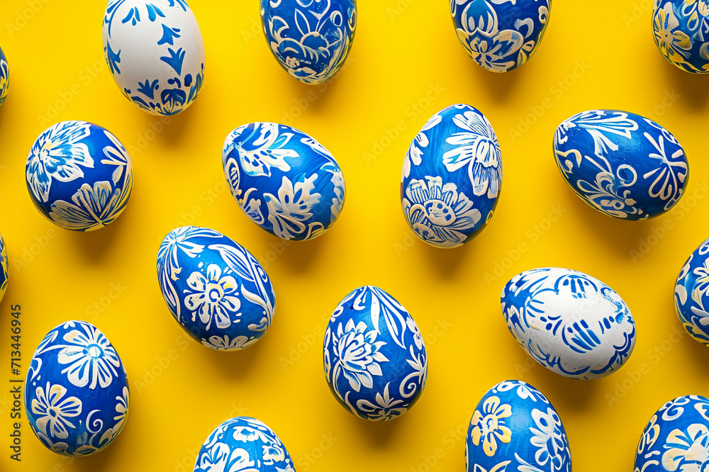 Gzhel Grace: Traditional Easter Eggs Adorning a Sunny Yellow Canvas, Space for Text Gzhel Grace: Traditional Easter Eggs Adorning a Sunny Yellow Canvas, Space for Text