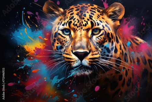  a painting of a leopard s face with multicolored paint splatters on it s face.