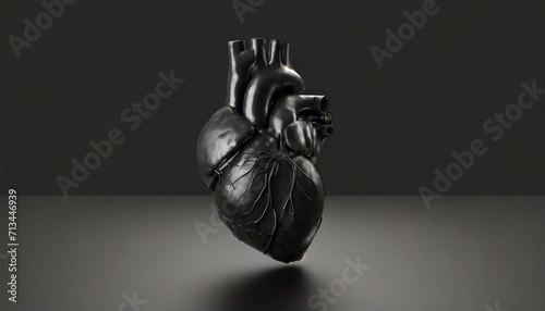 A 3D illustration of an anatomical human heart in black, with a detailed and realistic depiction, against a gray background. photo