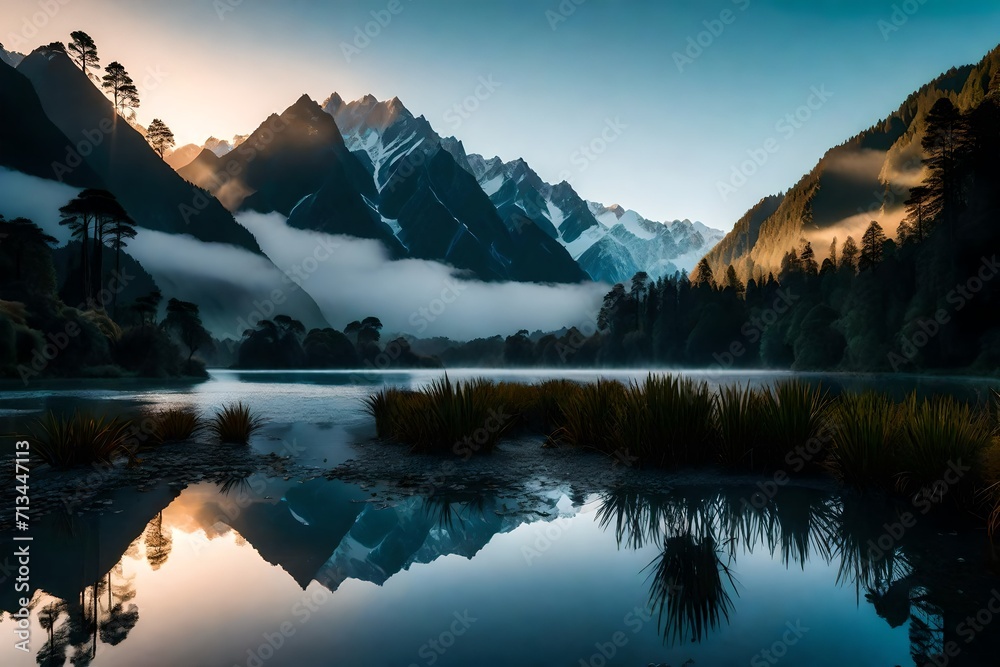 The ethereal beauty of Lake Matheson at the break of day, with Fox Glacier and the distant mountains emerging from the fog in a symphony of natural splendor.
