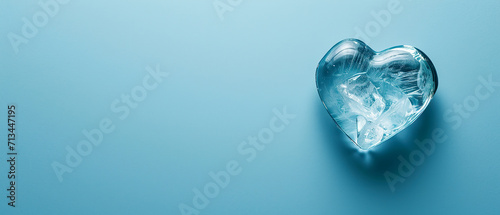 Frozen ice crystal in the shape of a heart. Flat layout. Valentine's Day concept. . Generative AI
