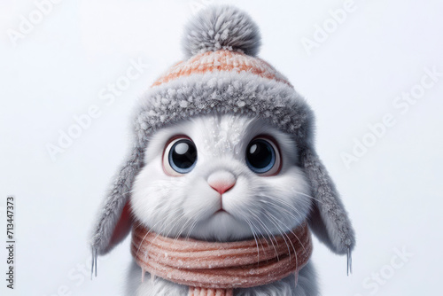 portrait of a frozen cute bunny in hat with bulging big eyes isolated on a solid white background. ai generative