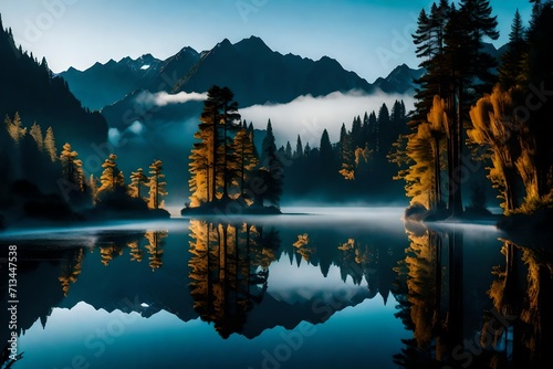 Lake Matheson at dawn, a symphony of colors reflected in the calm waters, surrounded by the mysterious silhouettes of mountains cloaked in fog.