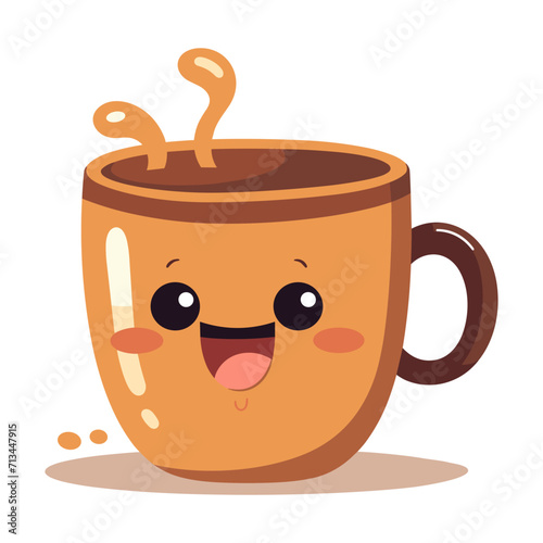 Cute cup of tea or coffee in kawaii style. Cartoon vector character, happy fall flat drink. Quirky design logo, icon, patch, sticker, print. Warming latte, autumn, isolated pretty illustration mug.