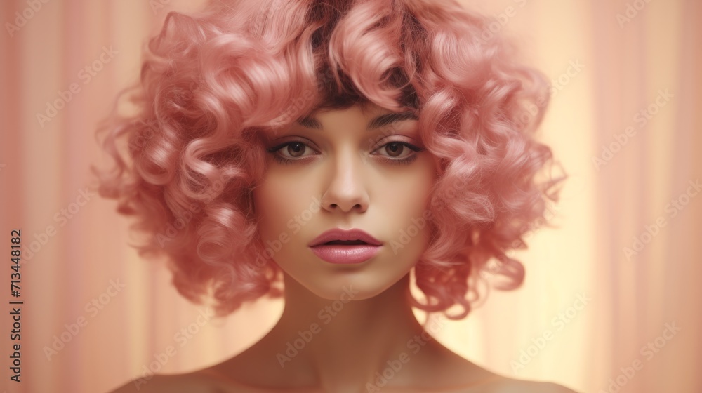 Photorealistic Adult Persian Woman with Pink Curly Hair retro Illustration. Portrait of a person in vintage 1920s aesthetics. Historic movie style Ai Generated Horizontal Illustration.