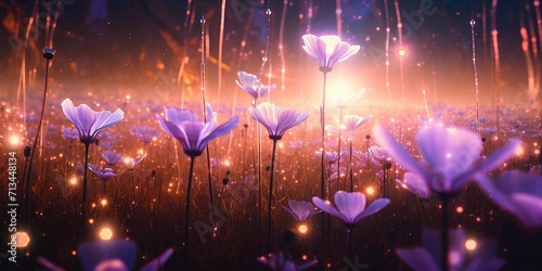 A field of flowers blooming in the sun, Fairy light, parallax photography, futuristic