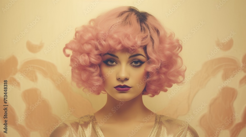 Photorealistic Adult Persian Woman with Pink Curly Hair retro Illustration. Portrait of a person in vintage 1920s aesthetics. Historic movie style Ai Generated Horizontal Illustration.
