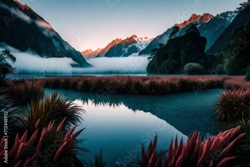 A dreamy atmosphere at Fox Glacier, where the tranquil waters of Lake Matheson reflect the rosy glow of dawn amidst mist-shrouded peaks.